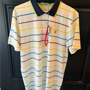 G/FORE Men's Polo Shirt - White with Blue and Yellow Stripes
